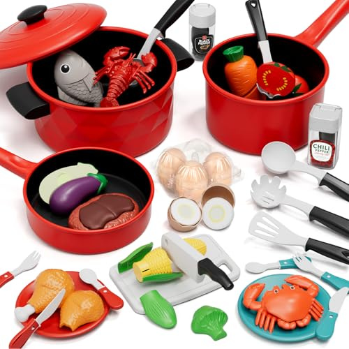 Lehoo Castle Kinderküche Zubehör, Spielküche Spielzeug ab 3 Jahre | Kinder Küchenset mit Töpfe, Pfannen Küchenutensilien, Lebensmittelset Schneidbares Gemüse, Fleisch, Geschenke Mädchen Jungen