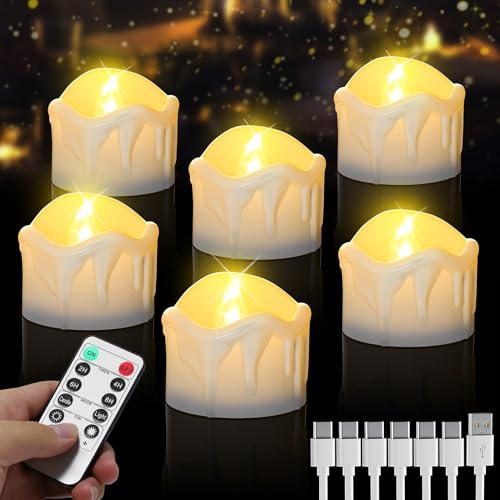 daphomeu Elektrische LED Teelichter Wiederaufladbar, Timer, Fernbedienung | 6Stück, 100+ Std. Laufzeit, warmweiß flackernd, ohne offene Flamme, sicher für Kinder und Haustiere, für Innen und Außen