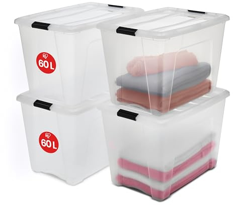 Iris Ohyama Aufbewahrungsboxen mit Deckel, 60L, 4er-Set, Transparent, Sicherer Verschluss, Stapelbar, Griffe, für Schlafzimmer, Schrank, Organisation, BPA-freies Plastik, Ordnungsboxen, NTB-60