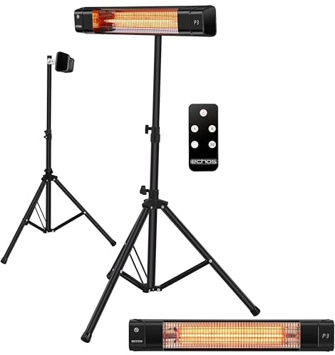 Echos Heizstrahler|Terrassenstrahler|Heizgerät|Infrarotstrahler|Karbonstrahler|2500 Watt|Display|Karbonlampe|24h Timer|Fernbedienung|Spritzwasser geschützt|Überhitzungsschutz, Schwarz, 3507