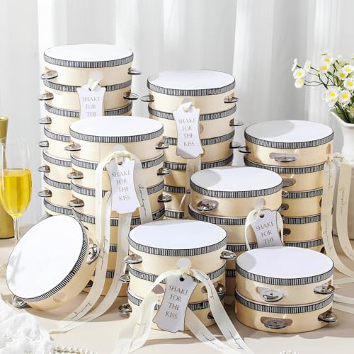 Lukmaa Hochzeits-Tamburine für Erwachsene, Holztrommel mit Metallschellen, Geschenkanhänger, weißes Tamburin, Geschenk, Musikinstrument für Kirche, Hochzeit, Party, Gastgeschenk, 36 Stück, 10,2 cm