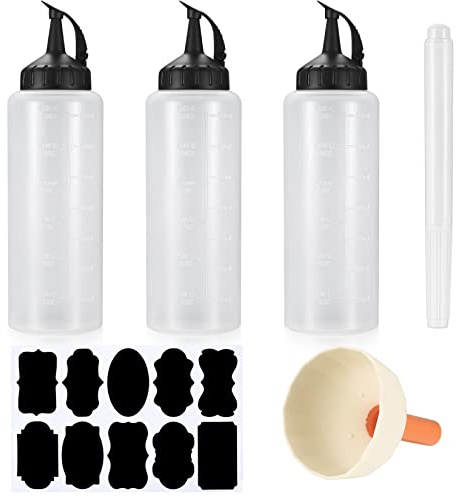 Gaomoeny 3 Stück Quetschflaschen mit Kappen, 350ml Saucenspender, Ketchup Spender, Kunststoff Quetschflasche für Mayo, Soße, Senf, Olivenöl, mit Trichter, Etikettieren, Schreibstift