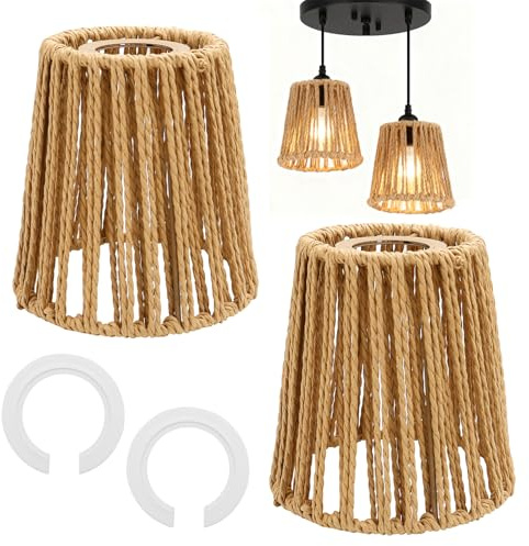 2 Stück Lampenschirm Hängelampe Boho E27 Rattan Lampenschirm Klein (H 14cm) mit E14 Adapterring für Stehlampe Tischlampe Pendelleuchten Hängelampenschirme