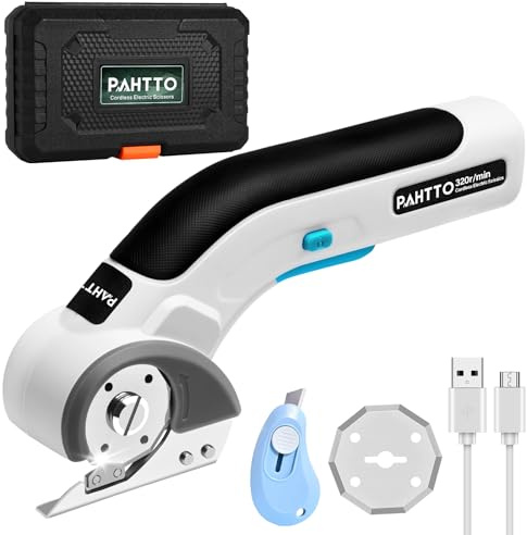 PAHTTO Elektrische Schere Kartonschneider 4V, 320 U/min, Universalschneider kabelloser Rollschneider akku, mit 2 elbstschärfenden Klingen und Ladegerät, für Karton, Pappe, Teppich, Leder, Filz, Stoff