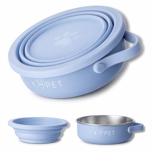 KPET® 2-in-1 Hundenapf Faltbar Für Unterwegs, Futternapf Hund Ideal Für den Alltag, Trinknapf Für den Hund - Reisenapf 900ml, Hundenäpfe Faltbare Reiseschale Edelstahl, Silikon, rutschfest