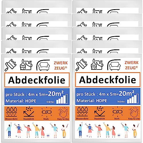 10x ZWERKZEUG® 10 Stück Set je 4m x 5m Maler Abdeckfolie Transparente Staubschutzfolie Plastikplane Allzweck-Folie Malerplane Malerfolie Abdeckvlies Abdeckplane Malerarbeit (Extra Stark x 10 Stück)