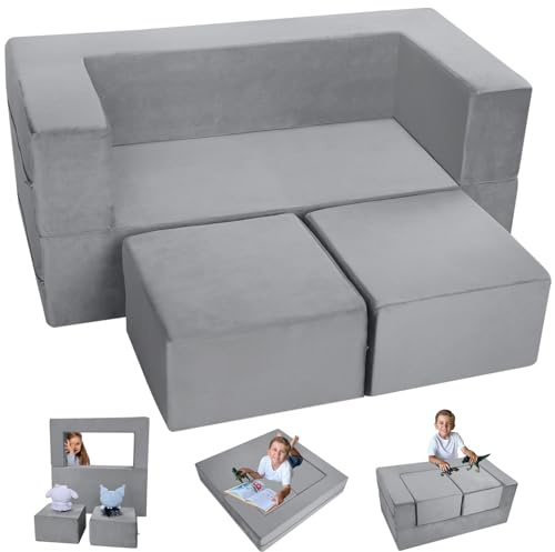 MeMoreCool Spielsofa, Schaumstoff Bausteine für Kinder, Kindercouch Kindersofa Ausklappbar, Schlafzimmermöbel, Modulare Mini Sofa für Spielzimmer, Softbausteine für Kuschelecke Kinderzimmer, Grau