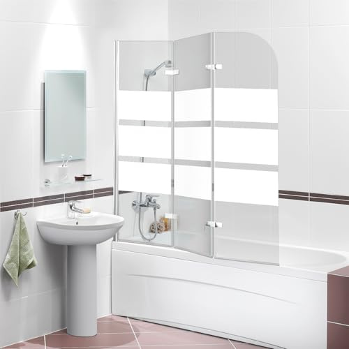 Peviasot Duschwand Badewanne 120 x 140 cm, 3-teilig faltbare Badewannenfaltwand, Badewannenaufsatz aus 6 mm ESG Sicherheitsglas, 180° schwenkbar, Weiße Streifen