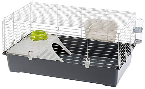 FERPLAST Gabbia Roditori RABBIT 100 per Conigli, Cavie, Porcellini d'India, in Metallo, Accessori inclusi: Mangiatoia, Beverino,Casetta, Ciotola. 95x57xh46cm