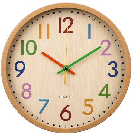 APIELE 12 Zoll Silent Bunte Buchstaben Kinder Wanduhr Modern Holzmaserung Quarz Nicht Zeit Reisen Kein Ticken Wanduhr Kinder Schlafzimmer Küche Wohnzimmer Schule