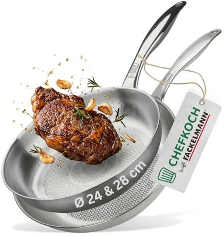 FACKELMANN Chefkoch Bratpfannen 2er-Set München aus Edelstahl Ø 28 & 24cm, Induktionsgeeignet & Spülmaschinenfest