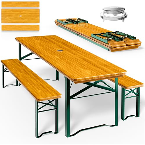Casaria® Bierzeltgarnitur 170cm Klappbar Stabil 3 Teilig 2X Bierbank 1x Breiter Tisch Holz Biertischgarnitur Festzeltgarnitur Biergarten Biergarnitur