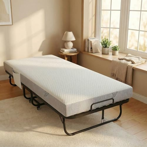 VOWNER Klappbett 90x200 cm, Stabiles Gästebett mit 13 cm Premium Matratze | Klappbar Reisebett mit Metallbettrahmen und Rollen, inkl. Schutzhülle und Aufbewahrungstasche, 200kg belastbar, Weiß