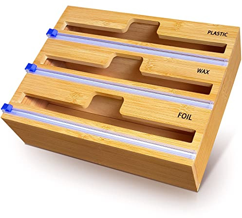QINGLOU Folienschneider,3 in 1 Folienspender Mit Cutter, Bambus/Folienabroller,Frischhaltefolie, Wachspapierrolle Bambusholz Organizer Für Küchenschublade (3 in 1)