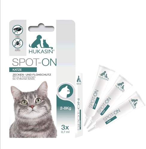 Hukasin® Spot On Katze - Zecken- und Floh Schutz - langanhaltender Zeckenschutz & Flohmittel für Katzen bis zu 12 Wochen, für die Gesundheit Ihrer Katze