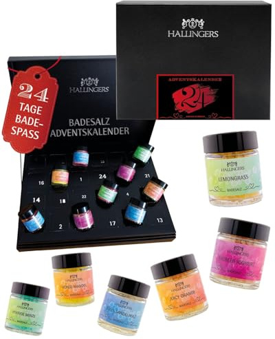 Hallingers Genuss Manufaktur Badesalze Adventskalender - 24x Badezusatz mit Totes Meer Badesalz edle Geschenkbox, Badekristalle Fußbad & Spa Deluxe Winterka..., Weihnachtskalender für Frauen Männer