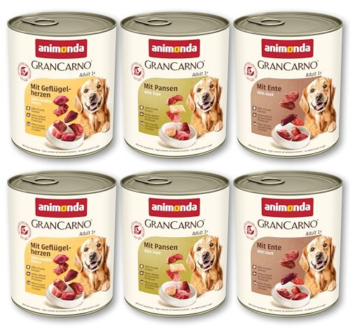 animonda GranCarno Adult Hunde Nassfutter Deftige Variation (6 x 800 g) | Hunde Nassfutter für ausgewachsene Tiere, Nassfutter für Hunde mit frischen, fleischlichen Zutaten, getreidefrei, Sortenmix
