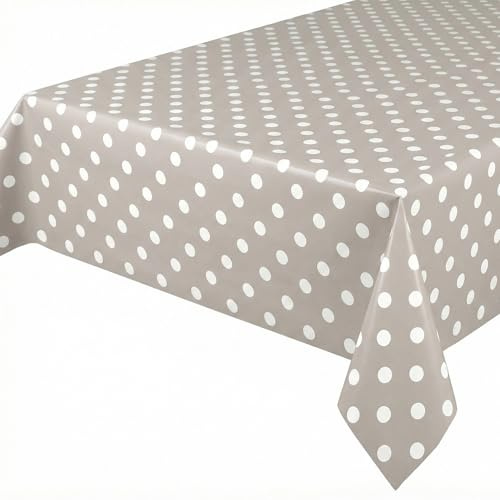 Taupe, Punkte Weiß Wachstuchtischdecke glatt abwischbar Garten Tischdecke RUND OVAL ECKIG, Größe wählbar (Eckig 140x100 cm)