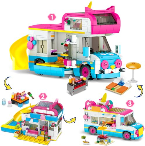 CUBIMANA 3-in-1 Strand Wohnmobil Bauspielzeugsets für Kinder ab 6 Jahre | Essenswagen-Bauspielzeug mit Rutsche und Aufklebern, tolles Geschenk für Kinder, geeignet für Jungen und Mädchen