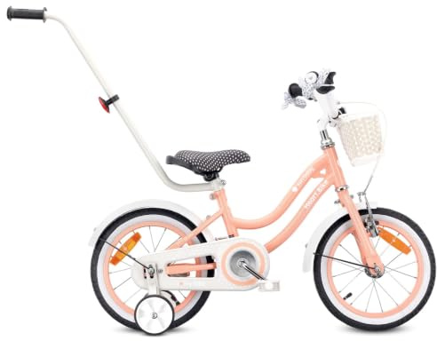 SUN BABY HEART BIKE Girls Bike 12/14/16 Inch | Basket, bell, training wheels, removable parent push handle, coaster brake and V-brake