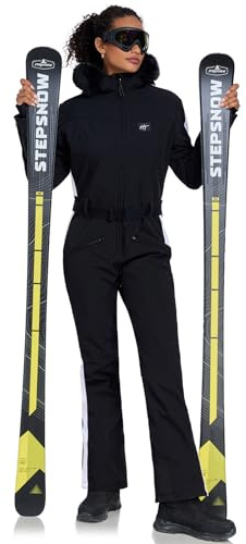 HOTIAN Damen Skianzug Einteiler Skioverall Winter Warme Damen Schneeanzug Wasserdicht Winddicht skibekleidung Schneeoverall Jumpsuit Mit Kapuze Black L