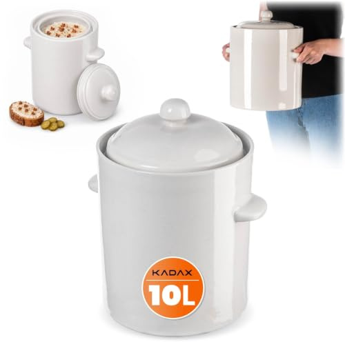 KADAX 10L Steinzeugtopf, Dichter Keramiktopf mit Deckel, Spülmaschinenfester Steinguttopf, handgefertigter Gärtopf aus Keramik, Einlegtopf für Gurken und Sauerkraut (Creme)