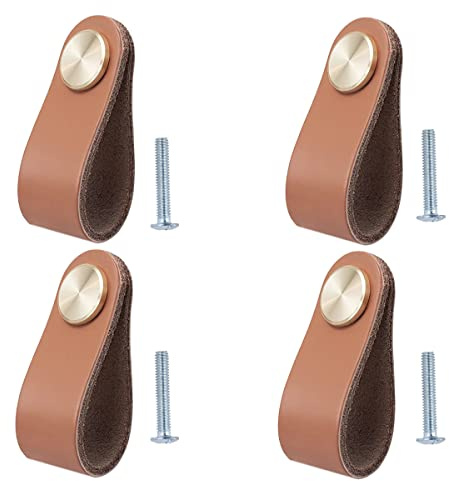 BOOLSFMAM 4 Stück Ledergriffe für Möbel,6.4 x 2.5 cm Handgemachte Griff Möbelknöpfe Leder Möbelgriffe,Schrank knöpfe,Schrankknöpfe für Küchenschränke, Kleiderschrank
