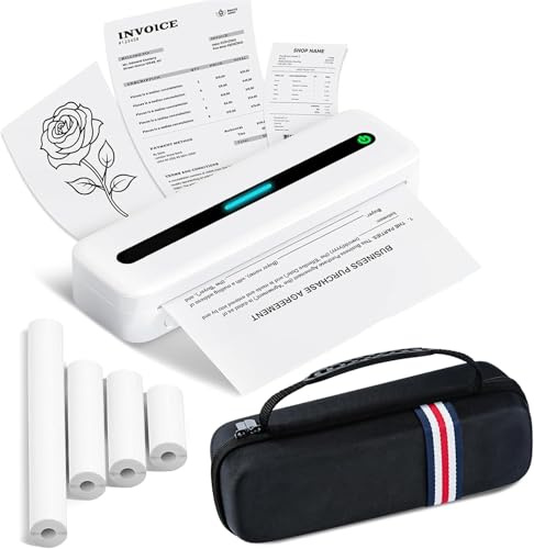 Thermodrucker A4 Unterwegs, Mobiler Drucker A4 mit Tragbarer Tasche, 300 dpi Reisedrucker, Portable Thermo DRUCKER Kompatibel mit Windows/macOS/iOS/Android (Weiß, 1 Drucker + 4 Rollen Thermopapier)
