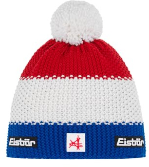 Eisbär Mütze Herren & Damen Star Pompon Ski Austria blau-weiß-rot - Merino Wintermütze Unisex mit Fleece schützt vor Kälte und Wind - Bommelmütze atmungsaktiv elastisch Haube aus Österreich