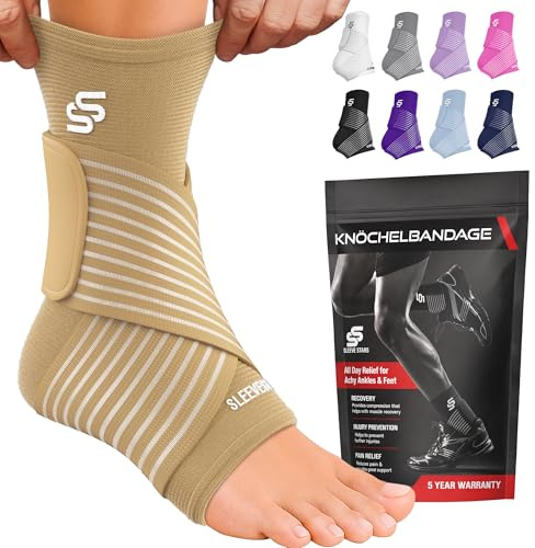 Sleeve Stars Sprunggelenkbandage - Plantarfasziitis & Achillessehnen Entlastung, Fußgelenk Bandage mit verstellbarem Riemen I Knöchelbandage I Fußbandage für rechts oder links (1 Stück,Beige)