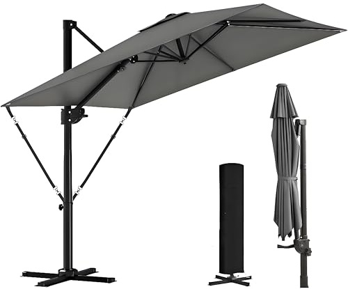 TRIUMPHKEY Sonnenschirm, Ampelschirm Rechteckig 270 * 270 cm, Doppel Top Gartenschirm, UV-Schutz 50+ Gartenschirm, Dickeres Gestell mit Handkurbel und Schutzhülle, 360° Drehbar, Grau