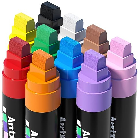 Arrtx Graffiti Acryl Marker Set, 15mm Jumbo-Filzspitze Grafitistifte, 10 Jumbo, Acryl-Farbstifte für DIY, Felsmalerei, Steine Wasserfest, Keramik, Glas, Holz, Leinwand