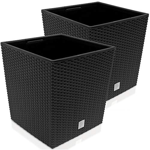 Deuba 2X Blumentopf 35L 32x32x33cm Rato Low Innentopf Mit Griffen Wetterfest Rattanoptik Pflanzkasten Übertopf Pflanzkübel Blumenkasten Quadratisch Anthrazit