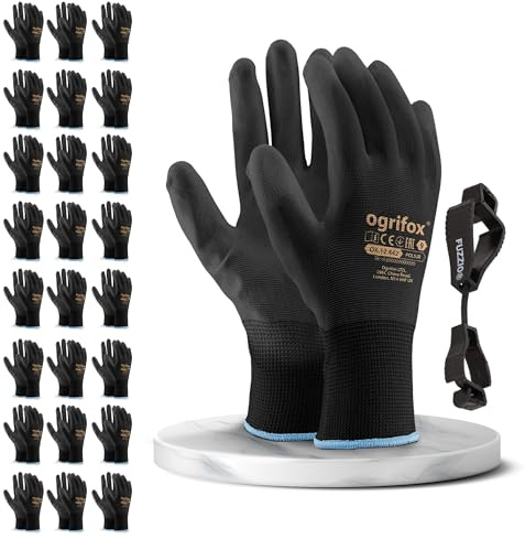 FUZZIO 24 Paar Ogrifox PU besichtet Arbeitshandschuhe Handschuh-Klammer (XL-10, Schwarz)