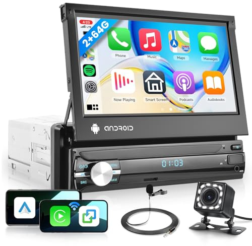 Hodozzy Android 2G+64G Autoradio 1 Din mit Carplay Android Auto Navi WiFi, Bluetooth FM-RDS-Radio, 7-Zoll-Touchscreen Ausfahrbarem Manuelle, MirrorLink, USB/AUX, Lenkradsteuerung, Rückfahrkamera