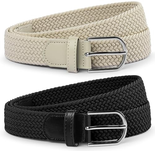 TANGCHAO 2 Stücke Stoffgürtel Stretchgürtel Elastik Flechtgürtel Geflochtener und Elastischer Dehnbarer Gürtel für Damen und Herren Breite 3.3cm Schwarz+Beige 110cm