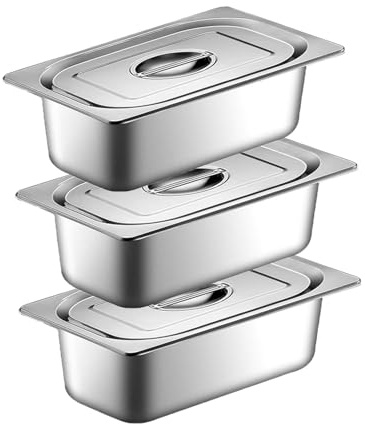 Buudreza Panierschalen Set 3-teilig, GN 1/3 Behälter, Edelstahl mit Deckel | 32,5 x 17,5 x 6,5 cm Panierset für Koteletts, Gastronormbehälter Edelstahl mit deckel, Schnitzel Fleisch Fisch
