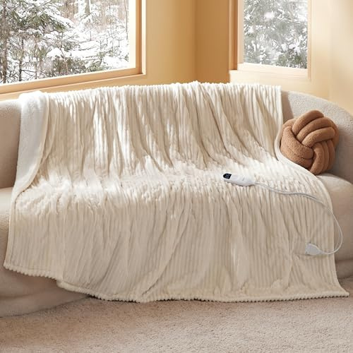 BEDSURE Heizdecke Elektrische Kuscheldecke - 200x180cm, Gestreift Natur | mit Abschaltautomatik, 6 Heizstufen & 10 Stunden Timer, bis zu 8 Stunden Überhitzungsschutz für Home & Office