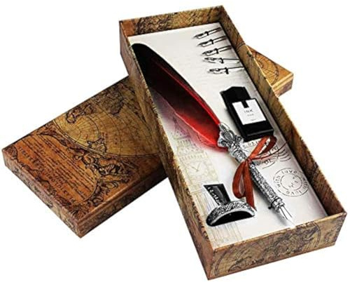 Federkiel, handgefertigtes Federkiel- und Tintenset, antikes Dip-Feder-Stift-Set, Kalligraphie-Stift-Set, Schreibfeder, Tintentauchstift mit Tintenstifthalter, Geschenkset, Rot