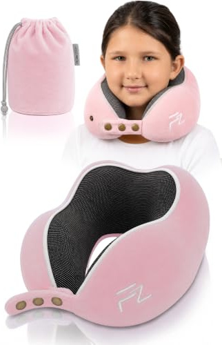 FLOWZOOM Nackenkissen für Kinder ab 6 Jahre - einstellbares Memoryschaum Kinder-Schlafkissen für Auto mit weichem, atmungsaktivem & waschbarem Bezug - inkl. Beutel - Rosa, Größe M (ab 6 J.)