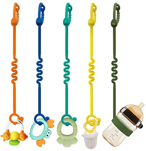 ETETOO Kinderwagenkette Silikon – 5 Packungen Verstellbare Silikon - Kinderwagenkette Und Cup Catcher Baby für Babys Flaschen, Beißring, Hochstühle (Mehrfarbig)