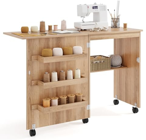 GIANTEX Nähtisch klappbar, Nähmaschinentisch auf Rollen, Nähtisch für Nähmaschine, Nähschrank Holz, Mehrzwecktisch für Wohnzimmer Arbeitszimmer Schlafzimmer (Eiche)