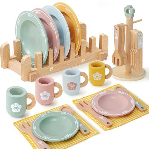 Atoylink Kinderküche Zubehör Holz Geschirr Teeservice Kinder, Geschirrset mit Tassen Teller, Spielküche Zubehör Holz Küchenzubehör Spielzeug Rollenspiel Geschenk für Mädchen Jungen 3 4 5 6 7 8 Jahre