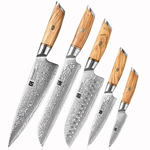 XINZUO 73 Schichten Damastpulverstahl 5-Teilig Chefmesser Set,handgeschmiedet scharfe Kochmesser Set Pulverstahlkern Küchenmesser Set-Chef Santoku Brot Allzweck Obst Messer-Olivenholz Griff