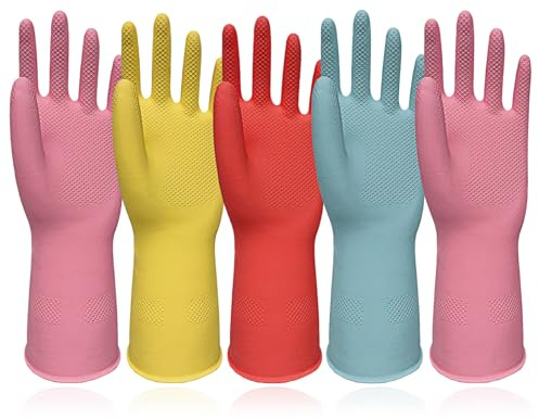 FUSHI&MON 5 Paare Putzhandschuhe Haushaltshandschuhe Wiederverwendbar, Gummihandschuhe mit Rutschfestem Griff, Wasserdichte Spülhandschuhe für Küche, Haushalt, Garten und Tierpflege (L)