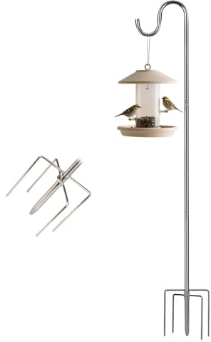 Schäferhaken Garten, Vogelfutterspender Stange 5 Zinken, Silber, 195 cm | Hirtenhaken Edelstahl höhenverstellbar, Ø 16 mm, für Vogelhäuser, Laternen, Pflanzenampeln und Gartendeko
