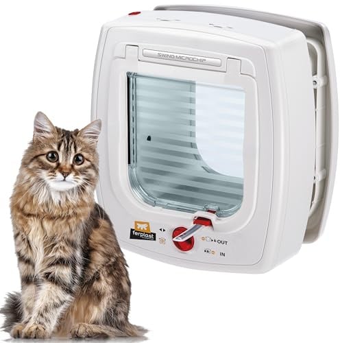 Ferplast Gattaiola con Microchip SWING MICROCHIP Porta basculante per gatti, Sistema di protezione contro le correnti d'aria, Entrata e uscita controllabile 4 vie, Indicatore di ultimo passaggio, Collare gatto con microchip incluso, 22,5 x 16,2 x h 25,2 cm Bianco