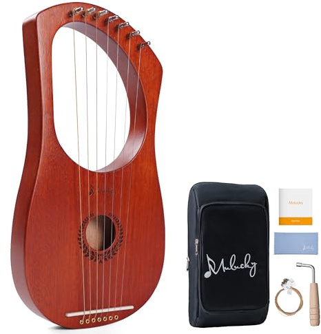 Mulucky Lyre Harp 7 Metall-Stahlsaiten Knochen Sattel Mahagoni Lyre Instrument mit Stimmschlüssel und schwarzer Gigbag - MLH701
