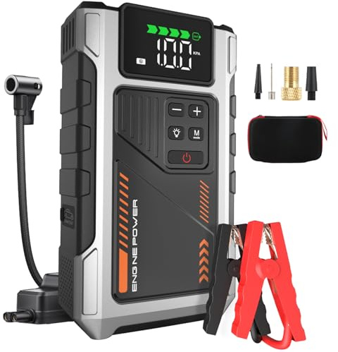 Eigotrav Starthilfe Powerbank mit 150 PSI Kompressor, 6000A Booster Auto Starthilfe (Bis zu 9.0L Benzin/7.5L Diesel), 12V Jump Starter mit LCD Display, LED Taschenlampe, Silber