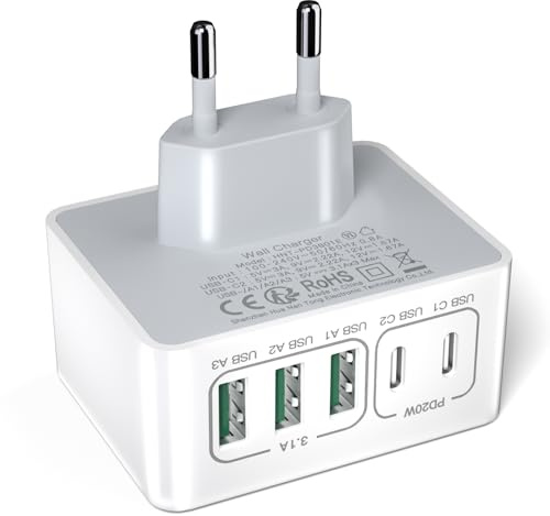 Ladegerät USB C 50 W, Adapter Steckdose USB Multi-Ladegerät, 5 Ports, Schnellladegerät iPhone für iPhone 17 16 15 14 13 12 11 Pro Max X XS XR 8, iPad, Schnellladegerät Samsung, Pixel